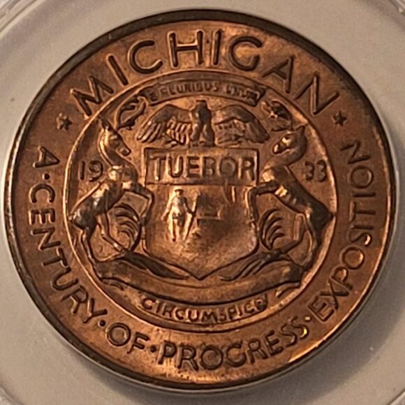 1933 Century of Progress Expo Michigan Medal HK-473 RED MS65 ANACS - Picture 3 of 4